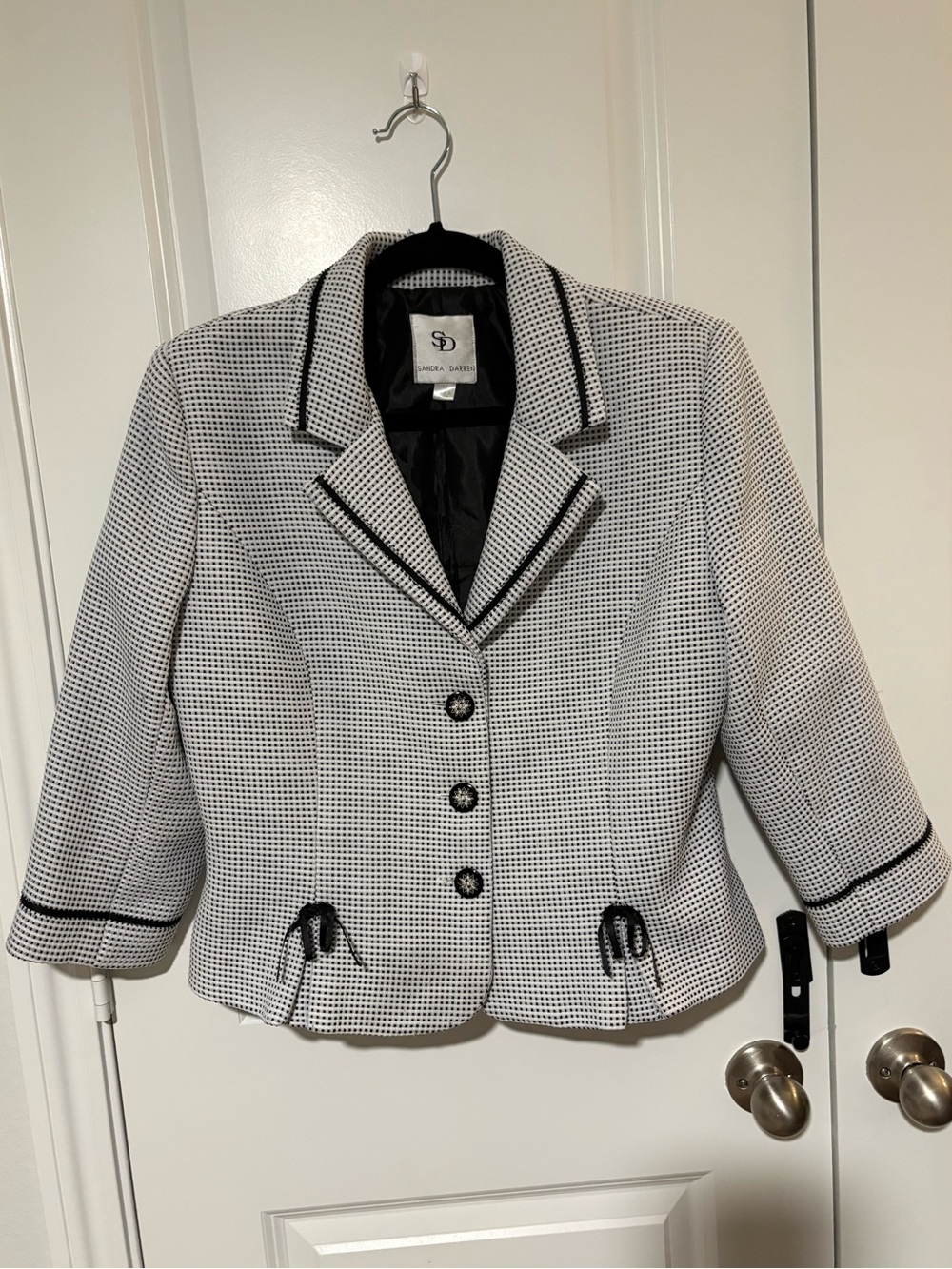 Sandra Darren Black White Check Blazer Bow Detail Jacket Size 12